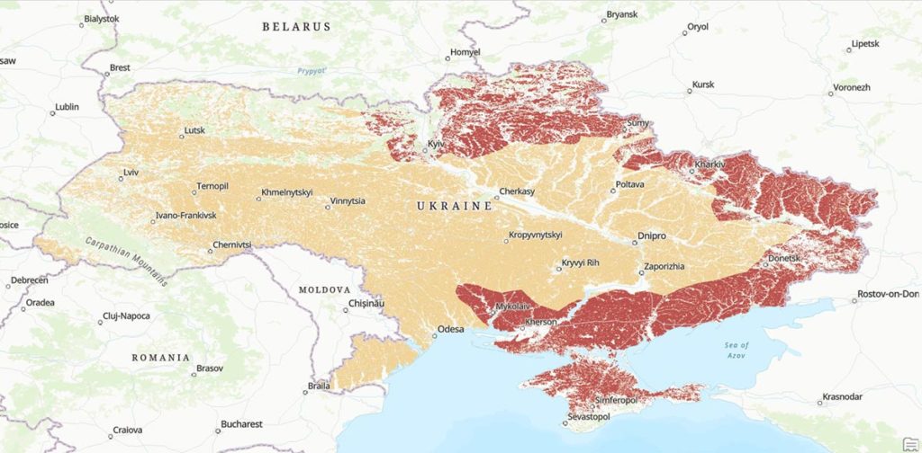 Map of Ukrainian agricultural landscapes in the context of Russian military aggression. The darker color shows the agricultural landscapes of Ukraine, which are located within the zone of risk farming.